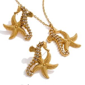 Seahorse Starfish Crystal 18K Gold Stainless Steel Waterproof Jewelry Set